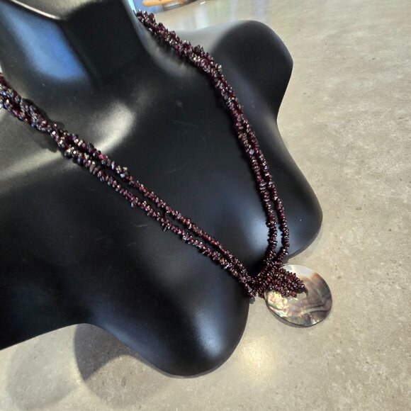 Women's Purple Beads Statement Necklace w/Donut Hole M-O-P Shell Pendant - Picture 2 of 14